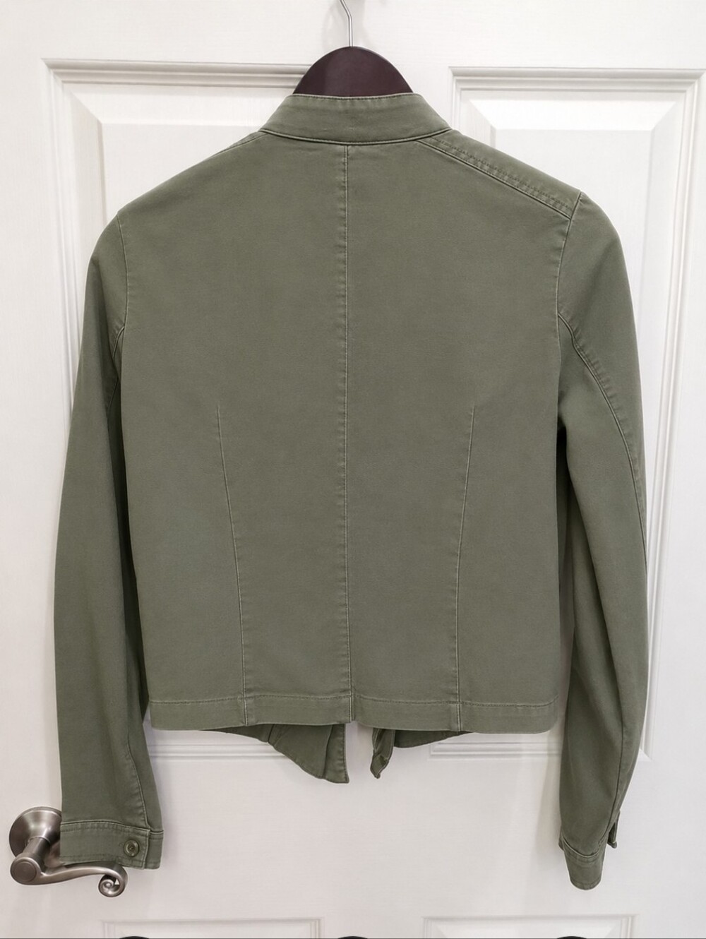 New York & Company Olive Green stretch Utility Jacket with Ruffle Trim - Picture 5 of 6